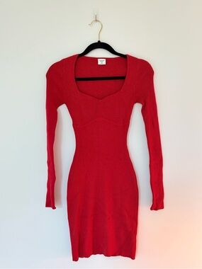Abercrombie & Fitch Red Ribbed Long-Sleeve Sweetheart Neckline Mini SweaterDress